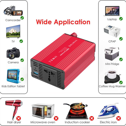 VANTRO 500W Car Inverter DC 12V to AC 220V with QC3.0 & PD 65W USB, Universal Socket, 200W via Cigarette Lighter, 500W via Direct Battery Connection 