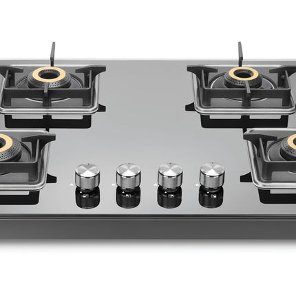 Sujata Premium Gas Stove | 9 Years Warranty | 4 Burner Gas Stove Glass Top, SABAF, ISI Certified, LPG & PNG Compatible, 360° Rotating Brass Gas Nozzle, Jumbo Brass Burner (Black) 