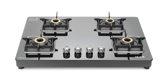 Sujata Premium Gas Stove | 9 Years Warranty | 4 Burner Gas Stove Glass Top, SABAF, ISI Certified, LPG & PNG Compatible, 360° Rotating Brass Gas Nozzle, Jumbo Brass Burner (Black) 