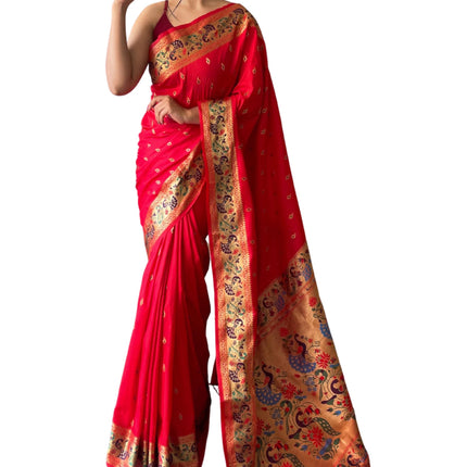 SGF11 Women's Paithani Soft Lichi Silk Kanjivaram Sarees With Blouse Piece (Red) 