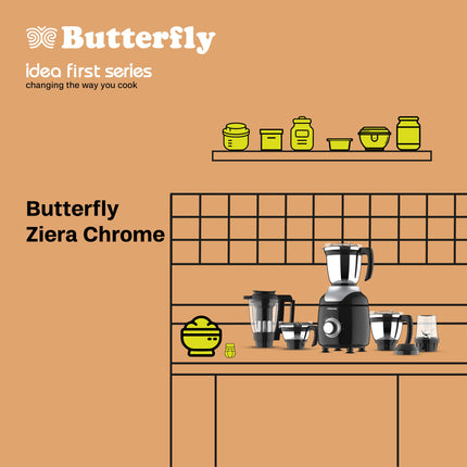 Butterfly ZieraChrome 750 Watt Mixer Grinder | 5 Jars | Uniform Grinding with Tornado Blade & Lid | Long Lasting Annealed SS Jars | Torx21 Motor| Juicer/Blender Jar | 5 Years Warranty 
