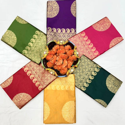 C J Enterprise Women's Banarasi Saree Pure Kanjivaram Silk Saree Soft Design Wear Pattu Sarees Latest Cotton With Blouse Piece Kanchipuram for Wedding sadi new ladies 2025 (KeriGola-51) (Yellow) 
