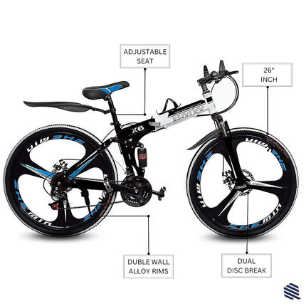 QUESEC BMV Foldable Bike 21-Speed Gears for Urban Commuters - Cycle for Adults, Gear Cycle for Boys Dual Disc Brakes Hydraulic Suspension Strong Carbon Steel Frame Bicycle for Men Adult and Teens 