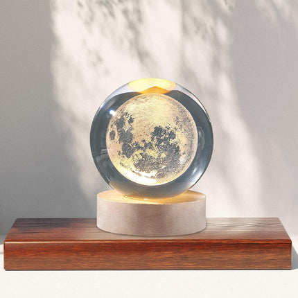 qbpatzwq 3D Galaxy Crystal Ball Night Light | Dimmable Engraved LED Glass Ball Table Lamp with USB and Wooden Base for Home Decor, Office, Birthday Gift & Kids Bedroom (Moon) 