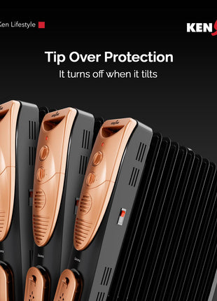 Kenstar Luxora 2900W 13-Fin Oil Filled Room Heater with 400W PTC Fan Heater | 3 Heat Settings | Adjustable Thermostat | Tip-Over Safety | Castor Wheels | 2-Year Warranty (Black & Gold)