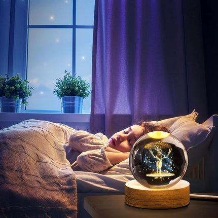inulec 3D Galaxy Crystal Ball Night Light | Dimmable Engraved LED Glass Ball Table Lamp with USB and Wooden Base for Home Decor, Office, Birthday Gift & Kids Bedroom, 3D Galaxy Lamp Ball (Deer) 