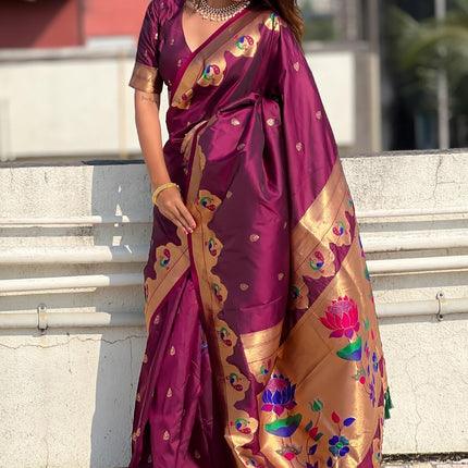 SGF11 Women's Kanjivaram Paithani Pure Soft Silk Saree For Womens With Unstitched Blouse Piece (Purple) 