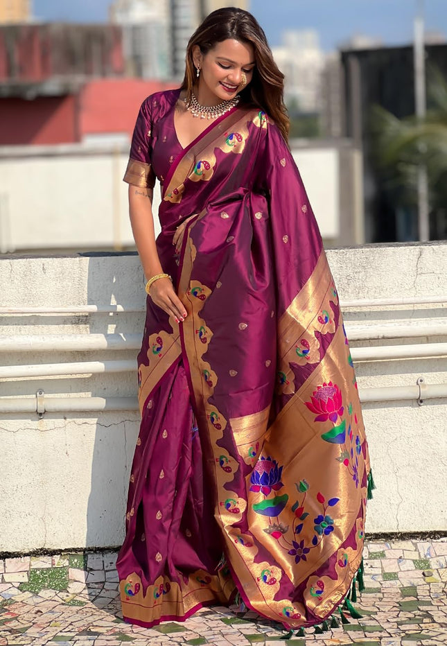 SGF11 Women's Kanjivaram Paithani Pure Soft Silk Saree For Womens With Unstitched Blouse Piece (Purple) 