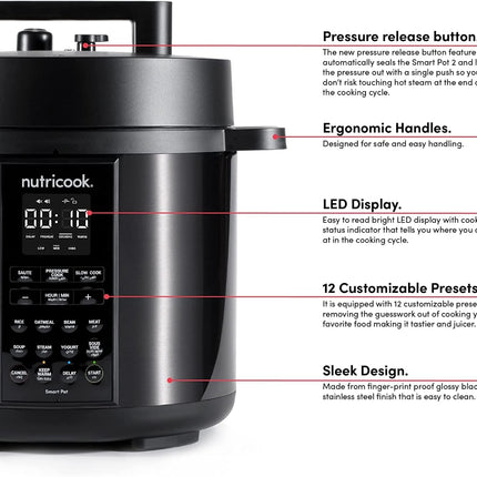 Nutricook Stainless Steel Smart Pot 2, 1000W, 9 In 1 Instant Programmable Electric Pressure Cooker, Slow Cooker, Rice Cooker, Steamer, Saute Pot, Warm Food, Smart Lid (Smart Pot 6 Litre) 