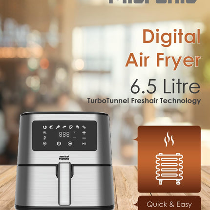 AMERICAN MICRONIC- Air Fryer-Digital- 6.5 Litre, 8 Preset Menus, 1700W Power, 200C Temperature and 60 Minute Timer - AMI-AFD-65LDx-Digital- Free recipe book-Black & Steel 
