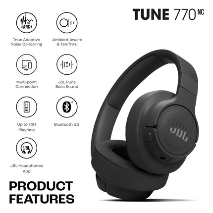 JBL Tune 770NC Wireless Over Ear ANC Headphones with Mic, Upto 70 Hrs Battery, Speed Charge : 5 min Charge Gives up to 3H of Playback, Google Fast Pair, Dual Pairing, BT 5.3 (Black) 