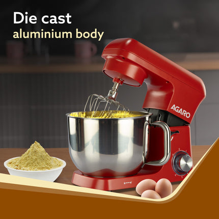 AGARO Supreme Stand Mixer 1500W with 6.2L SS Bowl, 6 Speed Setting, Pulse Function, Die Cast Aluminium Body, Copper Motor, Whisk, Mixing Beater, Dough Hook, Transparent Bowl Cover, Red 