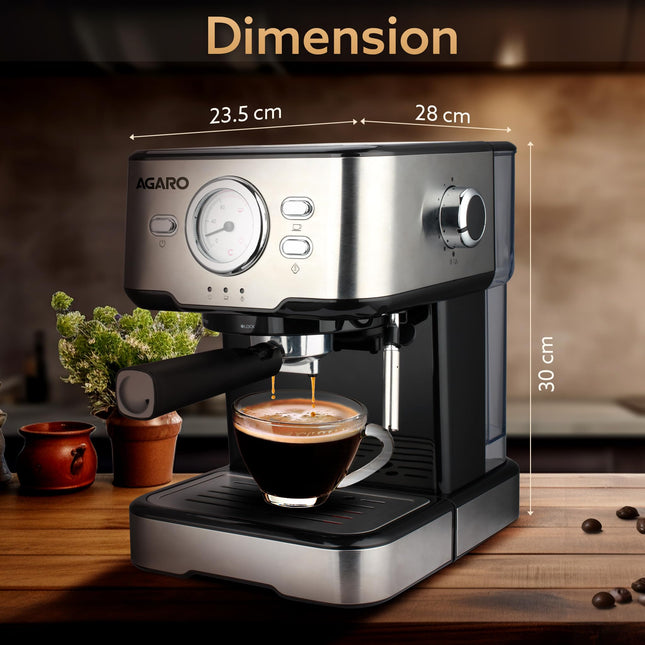 AGARO Imperial Espresso Coffee Maker, Coffee Machine, 15 Bars, With Foaming Milk, Frother Wand for Espresso, Cappuccino, Latte and Mocha, Steam Espresso Maker For Home, Adjustable Milk Frothing and Double Temperature Control System, Stainless Steel, 1100W 