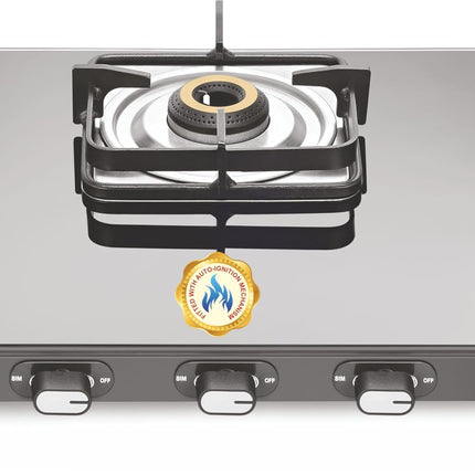 Sujata Classic Auto Ignition Gas Stove | 9 Years Warranty | 3 Burner Gas Stove Glass Top, Stove 3 Burner, SABAF, ISI Certified, LPG & PNG Compatible, Jumbo Brass Burner (Black) 
