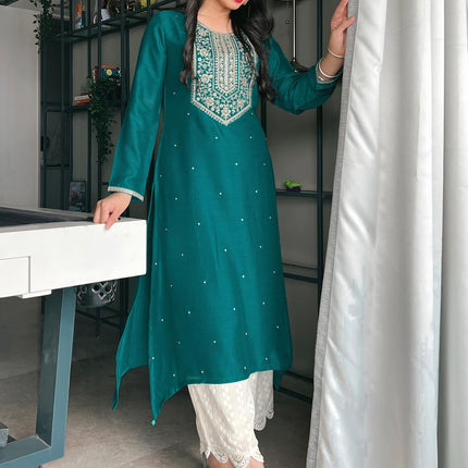 Libas Women's Silk Yoke Design A-Line Kurta (23516O_Teal 