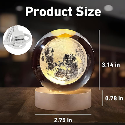 One94Store 3D Crystal Moon Lamp – Engraved Crystal Ball LED Night Light with Wooden Base, USB Powered, Ideal for Home & Office Décor, Birthday Gift for Adults (Warm White) 