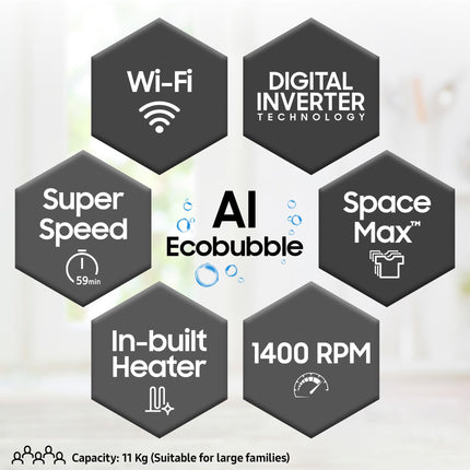 Samsung 11 kg, AI Control, Super Speed, Wi-Fi, Hygiene Steam with Inbuilt Heater, Digital Inverter, Fully-Automatic Front Load Washing Machine (WW11CG604DLBTL, BLACK CAVIAR) 