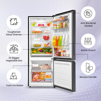 Haier 325 L 3 Star Frost Free Bottom Mount Double Door Refrigerator|Convertible 14-in-1|Jhukna Mat-Bottom Freezer|Digital Display Panel|Triple Inverter|Twist Ice Maker (HEB-333GB-P, Graphite Black) 