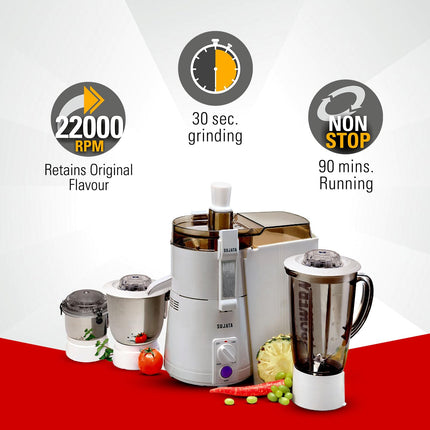 Sujata Powermatic Maxima Juicer Mixer Grinder|900 Watts Double Ball Bearing Motor|22000 RPM|Non-Stop 90 Mins Running|3 Jars including 1750ml Blender, 1000ml Grinder, 500ml Chutney Jar| (White) 