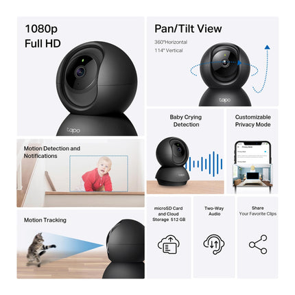 Tapo C201 360° 2MP 1080p Full HD Pan/Tilt Home Security Wi-Fi Smart Camera| Alexa Enabled| 2-Way Audio| Night Vision| Motion Detection| Sound and Light Alarm| Indoor CCTV Black 