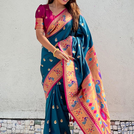 SGF11 Women's Kanjivaram Paithani Pure Soft Silk Saree For Womens With Unstitched Blouse Piece (Rama Blue) 