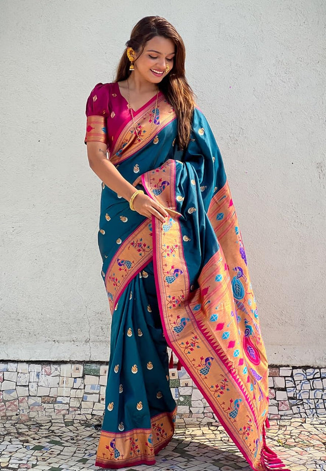 SGF11 Women's Kanjivaram Paithani Pure Soft Silk Saree For Womens With Unstitched Blouse Piece (Rama Blue) 
