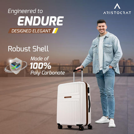 Aristocrat Atlas Check-in Trolley Bag 66cm | Medium | Hard Luggage | Smooth 8-Wheel Suitcase | Secure Combination Lock with Sturdy Zipper | Full Fabric Convipack | 3-Year Warranty (Pearl White) 