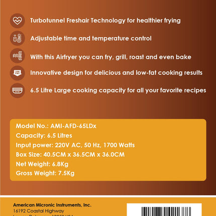 AMERICAN MICRONIC- Air Fryer-Digital- 6.5 Litre, 8 Preset Menus, 1700W Power, 200C Temperature and 60 Minute Timer - AMI-AFD-65LDx-Digital- Free recipe book-Black & Steel 