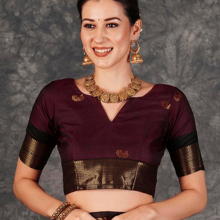 SWARON Women's Banarasi Jacquard Kanjivaram Silk Saree with Unstitched Blouse Piece (3743S111NW_Red & Dark Maroon) 