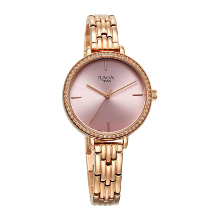 Titan Raga Showstopper Quartz Analog Pink Dial Metal Strap Watch for Women-95286WM01 