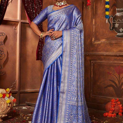 Kanjivaram Women's Pure Silk Brocade Mysore Silk sarees Banarasi Silk Jacquard Zari Work With Unstitched brocket blouse with borders-016 (Lavender) 