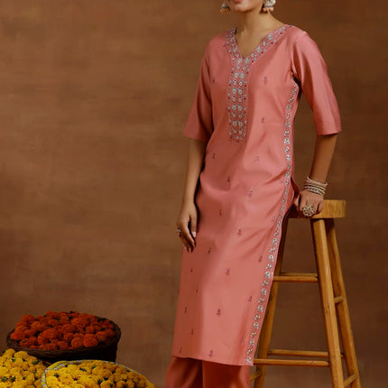 Libas Women's Silk Blend Kurta Sets (GS933_Peach_L) 