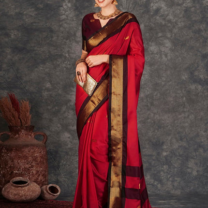 SWARON Women's Banarasi Jacquard Kanjivaram Silk Saree with Unstitched Blouse Piece (3743S111NW_Red & Dark Maroon) 