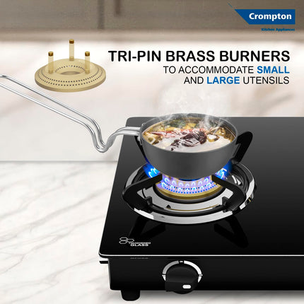Crompton FlameStar 2 Burner Glass Top LPG Gas Stove | 1 Jumbo & 1 Medium Brass Burner | Max Space | Easy Cleaning | Toughened Glass | Tri Pin Burners | 2 Year Manufacturer's Warranty 