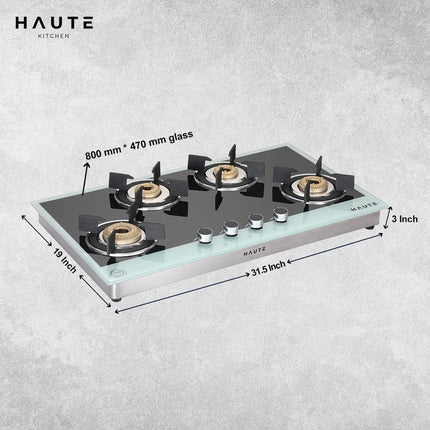 Haute Kitchen Haute Evoque Series 2.0 X Sabaf Black&White 4 Burner Manual Ignition Glass Gas Stove |8MM Atom Glass || Door Step Service | 5 years warranty on Burner, Glass, Valves By Haute Home 