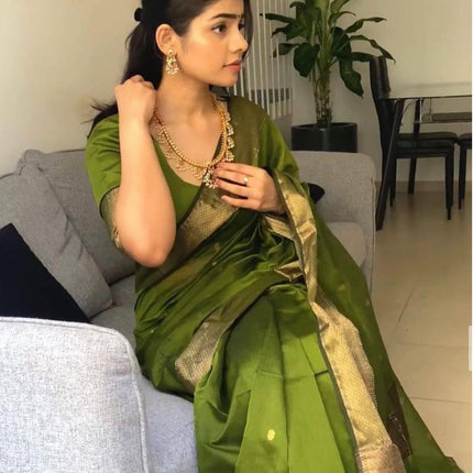 SIRIL Women's Soft Silk Saree | Banarasi Silk Sari | Jacquard Zari Work Saree With Unstitched Blouse Piece (4051S599_Olive Green) 