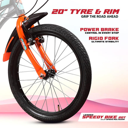 Leader Speedy Bike 20T 7 Speed Kids Cycle | Frame Size 12 Inch | Gear Cycle for Boys & Girls of Ages 7 to 10 Yrs - Black/Orange, Front Suspension 