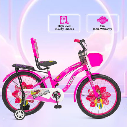 VESCO Super Girl 20T Cycle for Kids Girls with Balance Wheel & Back Carrier | Rigid Fork | Frame 12.5 Inch | Ideal for 6 to 9 Years Girls Kids Bike (Pink) 