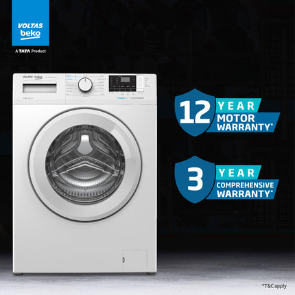 Voltas Beko, A Tata Product 7 Kg 5 Star Inverter, Quick 14-Min Wash Fully Automatic Front Load Washing Machine (2024 Model, WFL7012B7JVBKA/WXV, White, Inbuilt Heater/Hygiene Steam/Digital Display) 