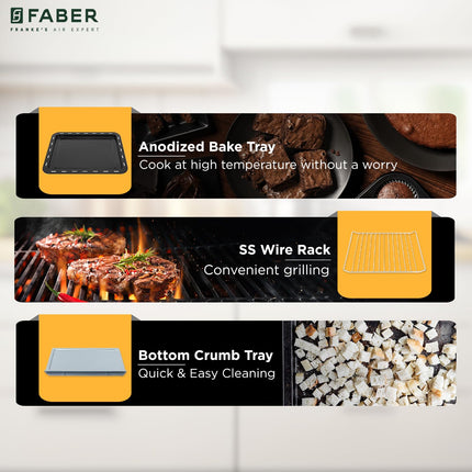 Faber 9L OTG | FOTG 9.0L Neo BK | Bake Tray, Crumb Tray, SS Wire Tray | Timer | Knob Control | Grill, Bake, Toast, Roast | 700W | Operation Indicator | 2 Year Warranty by Faber| Black 