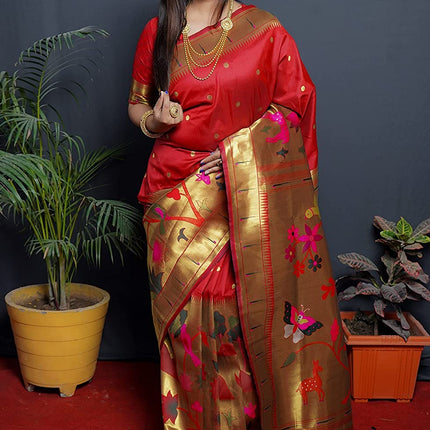 SGF11Women's Paithani Kanjivaram Pure Soft Silk Handloom Saree Pure Golden Zari With Blouse Piece (Red) 