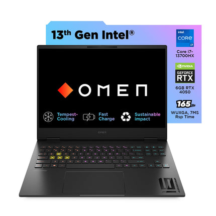 HP OMEN, 13th Gen Intel Core i7-13700HX, 6GB NVIDIA RTX 4050, 16GB DDR5, 512GB SSD, (Win11, Office21, Black, 2.1kg) 165Hz, 7MS, IPS, WUXGA, 16-inch (40.6cm), Gaming Laptop, RGB KB, u0022TX 