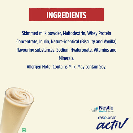 Nestlé Resource Active, High Protein Shake with New Edge Formula, Vanilla Flavour, Strengthens Muscles, Bones, Immune System, Improves Skin 400g Bag-in-box pack 