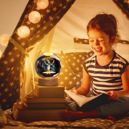 inulec 3D Galaxy Crystal Ball Night Light | Dimmable Engraved LED Glass Ball Table Lamp with USB and Wooden Base for Home Decor, Office, Birthday Gift & Kids Bedroom, 3D Galaxy Lamp Ball (Deer) 