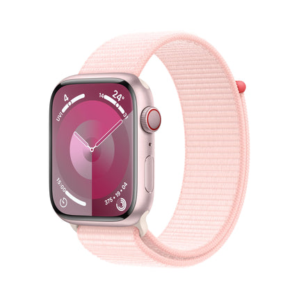 Apple Watch Series 9 [GPS + Cellular 45mm] Smartwatch with Pink Aluminum Case with Light Pink Sport Loop One Size. Fitness Tracker, Blood Oxygen & ECG Apps, Always-On Retina Display, Water Resistant 