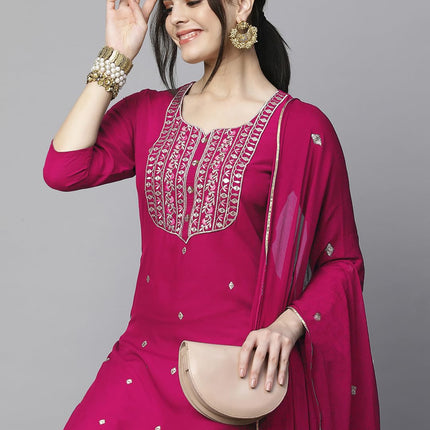 GoSriKi Women's Cotton Blend Embroidered Straight Kurta with Pant & Dupatta (Kasturi Pink-APL-GS_XL_Pink_X-Large) 