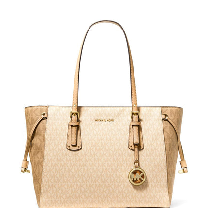 MICHAEL MICHAEL KORS Women's Voyager Medium Crossgrain Leather Tote Bag, Buttermilk Multi, Buttermilk Multi 