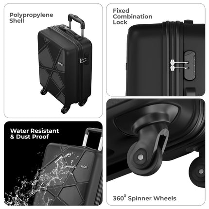 Safari Polypropylene (Pp) Pentagon Hardside Small Size Cabin Luggage Suitcase 4 Spinner Wheels Trolley Bags for Travel Black Color 55 Cm 