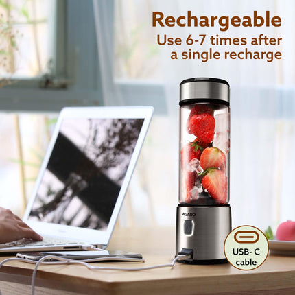 AGARO Galaxy Portable Blender, Portable Hand Blender For Kitchen, 450ml, For Smoothies, Shakes, 126W, 3000 mAh Battery, USB Rechargeable, Stainless Steel Blade. 