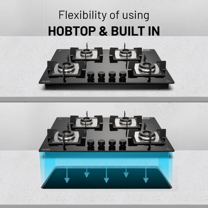 Glen Hob 4 Burner Gas Stove Hob Top | Built-In Hob Auto Ignition | 8 MM Thick Toughened Glass Black | Italian Burner with Double Ring Flame |Gas Stove 4 Burner Warranty 2 Years Standard 1074SQHTIN70 